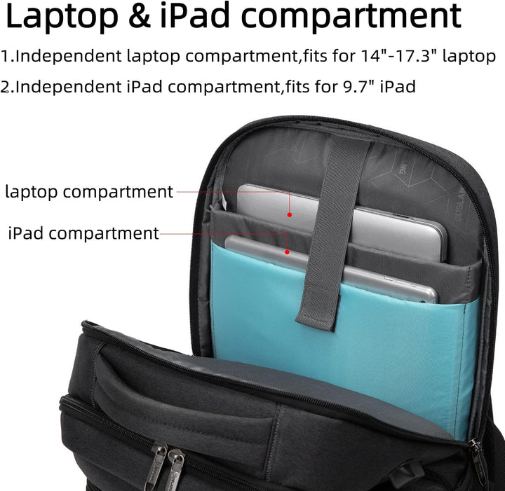Organized storage travel backpack for men & women, water-resistant, includes USB charging.