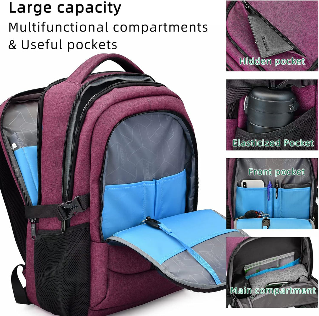 Streamlined water-resistant travel backpack, unisex, for laptops, work & college, with USB port.