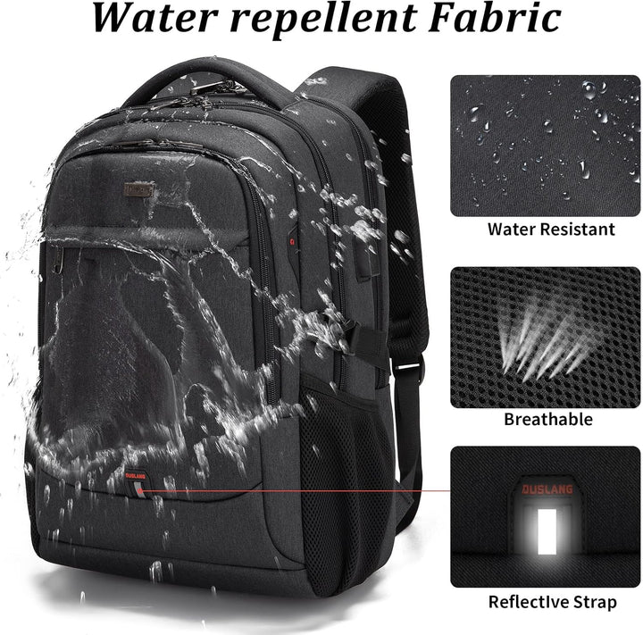 Organized water-resistant travel backpack, unisex, featuring multiple pockets & a USB charging port.