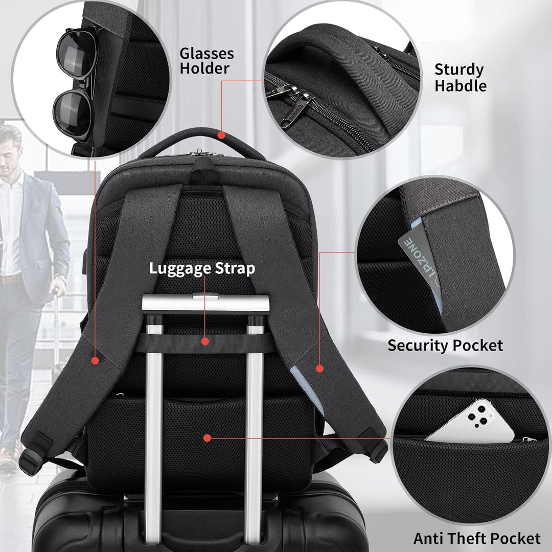 Sleek water-resistant unisex backpack, ideal for travel, laptops & on-the-go USB charging.