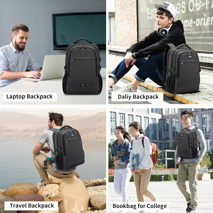 Durable water-resistant unisex laptop backpack, perfect for students & commuters, with USB port.