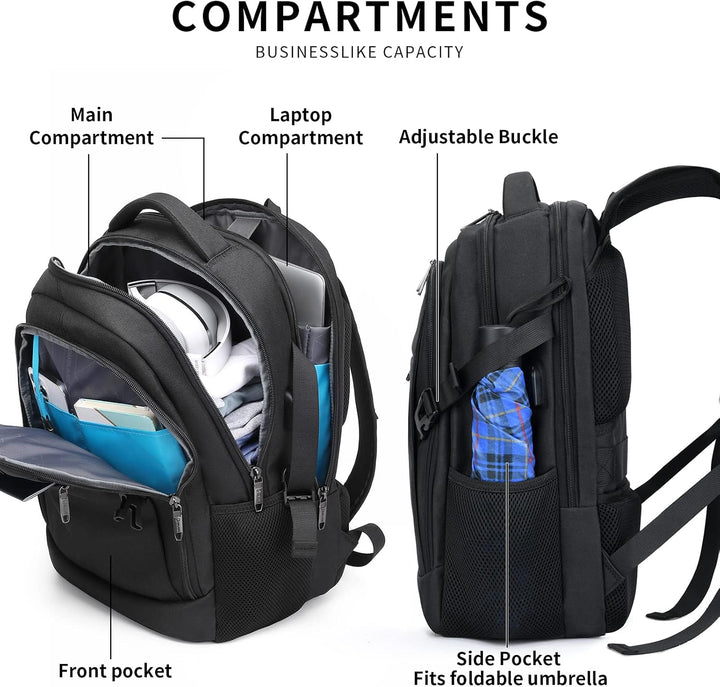 Weather-resistant unisex laptop backpack, great for travel, with organized storage & USB port.