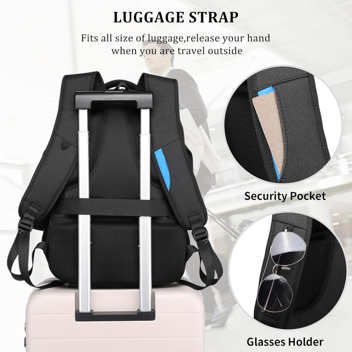 Travel-ready water-resistant unisex backpack with USB port, designed for efficient organization.