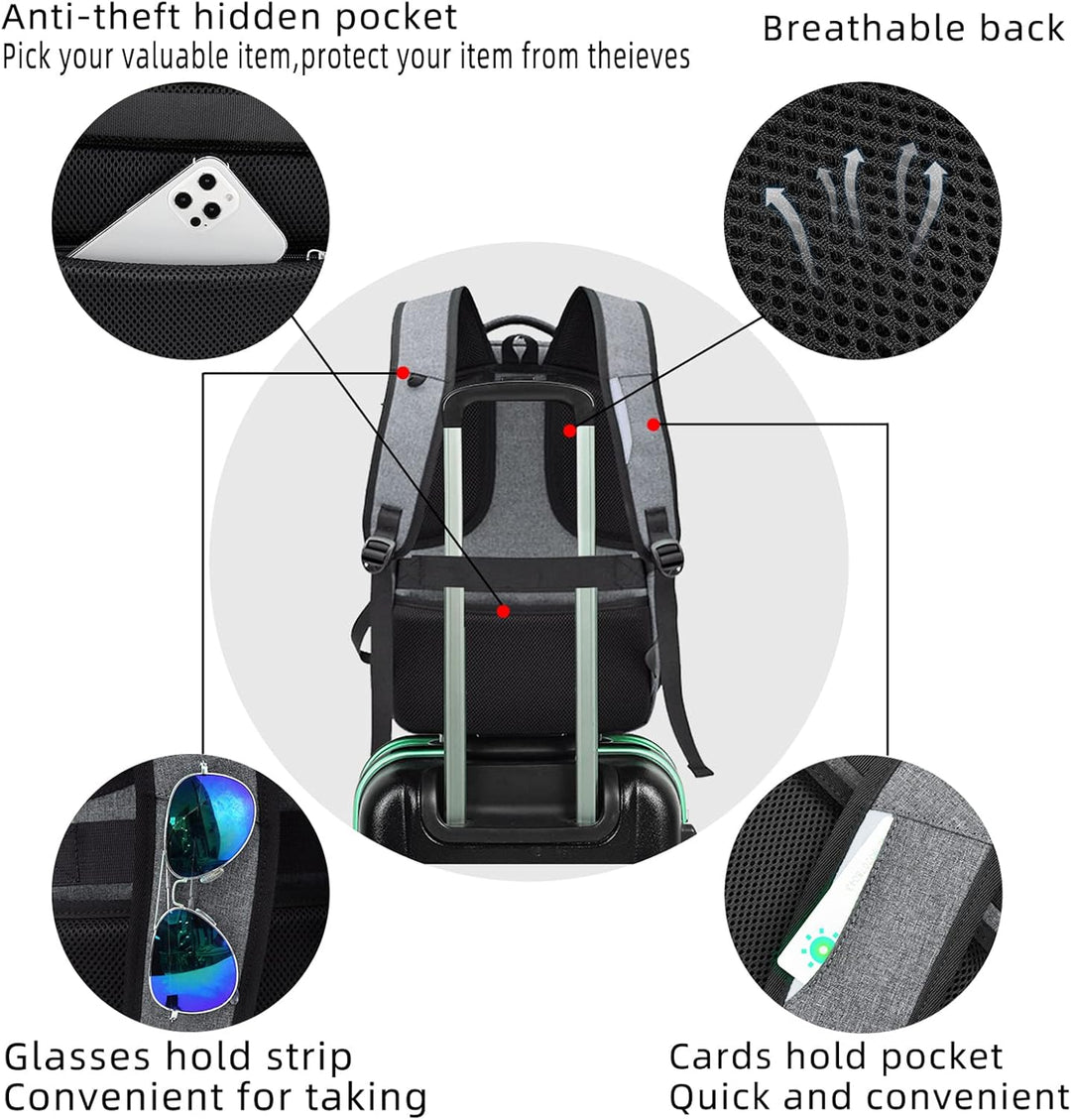 Essential water-resistant unisex travel backpack with USB charging, anti-theft features & laptop sleeve.