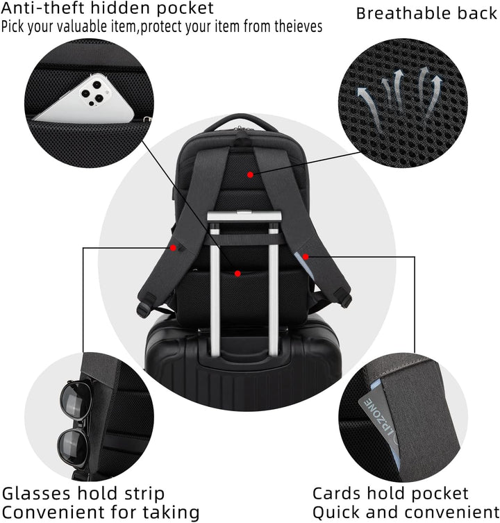 Anti-theft travel backpack, water-resistant, unisex, with secure laptop sleeve & USB charging.