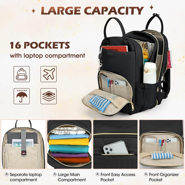 Spacious interior of the Organized Travel Backpack with padded sleeve for a 15.6" laptop and tech essentials.