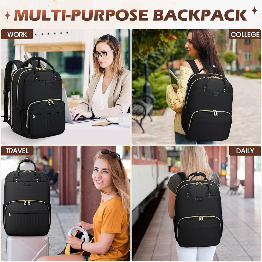 Traveler carrying the 15.6" Water-Resistant Laptop Backpack through an airport, highlighting its travel-friendly design.