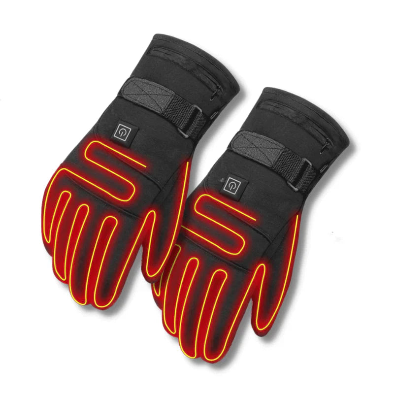 Black electric heated winter gloves with touchscreen fingertips, perfect for outdoor cold weather sports.