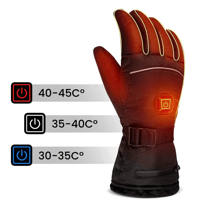 Waterproof heated gloves keeping hands warm for skiing, snowboarding, motorcycling & extreme cold.