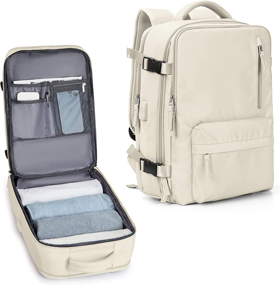 Unisex waterproof travel backpack with shoe compartment, USB port, and 14" laptop fit.