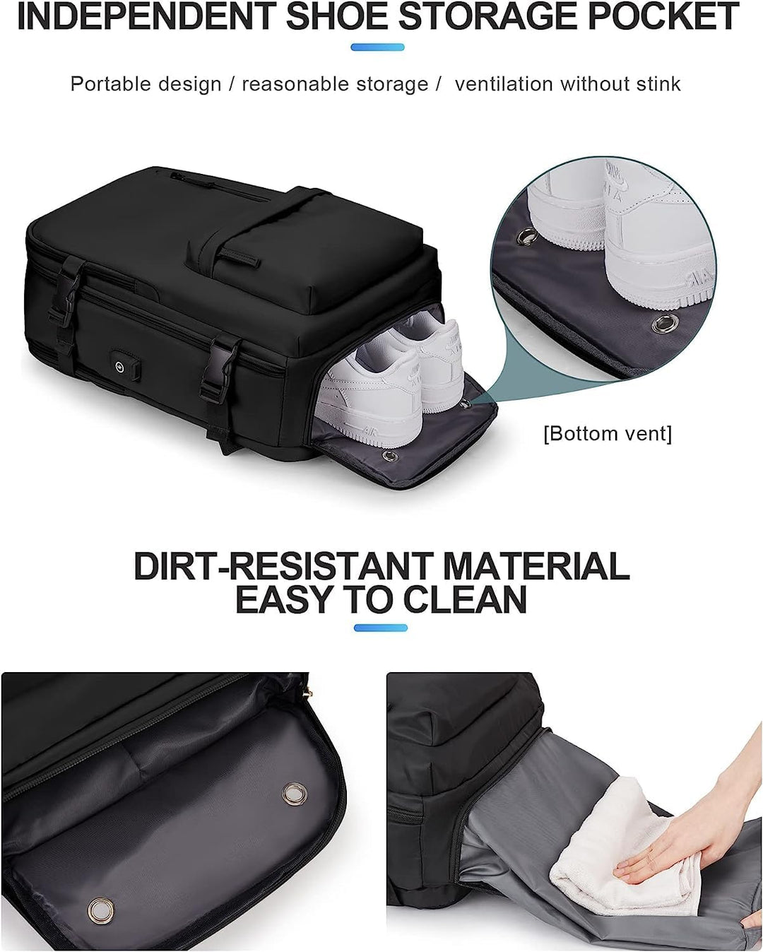Essential waterproof weekend travel backpack with shoe compartment and easy USB access.