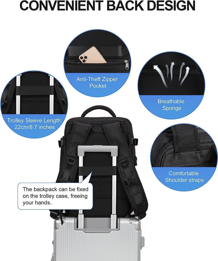 Unisex waterproof travel backpack with dedicated shoe compartment, USB charging, and 14" laptop storage.