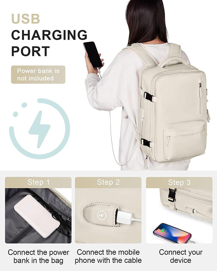 Anti-theft travel backpack featuring an integrated USB charging port and a 14" laptop sleeve.