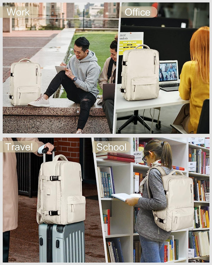 Front view of the black waterproof travel backpack, sleek design, anti-theft features for security.