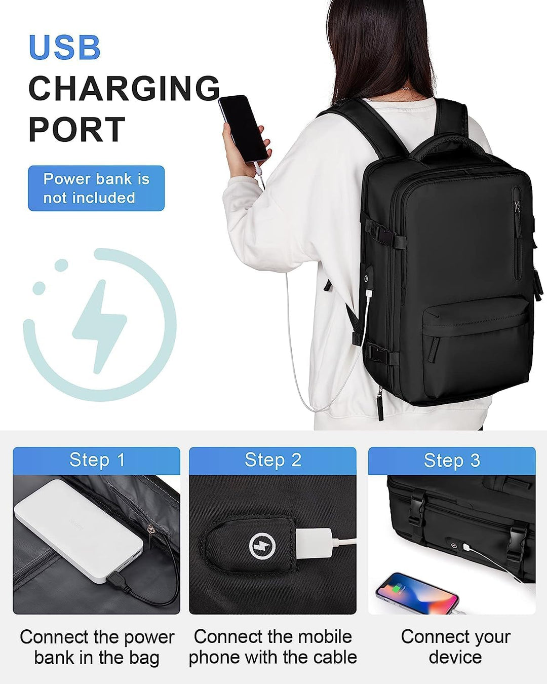 Side view of the waterproof travel backpack, highlighting bottle pocket and compact, ergonomic design.