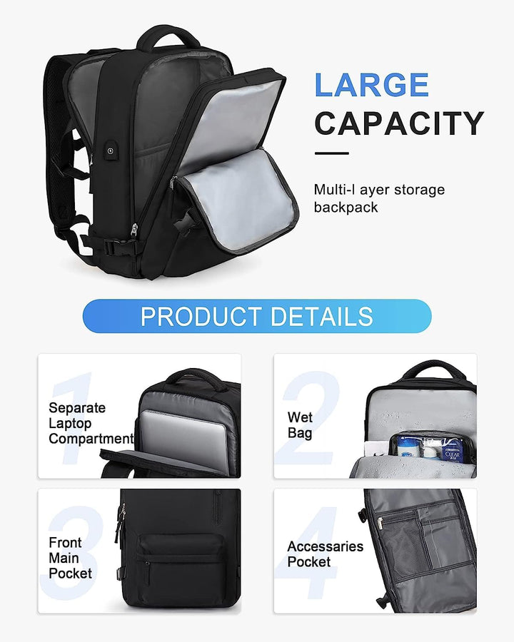 Spacious waterproof travel backpack, internally organized for clothes, 14" laptop, and shoes.