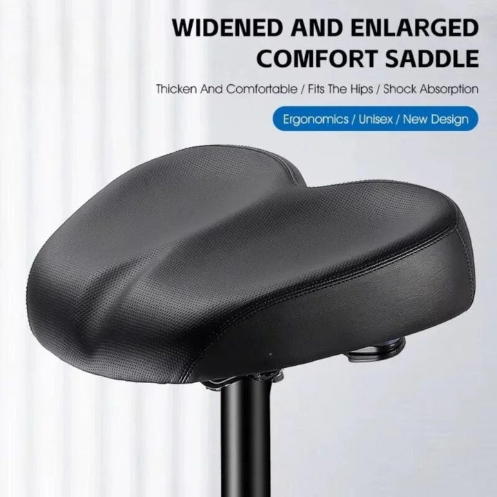 Waterproof and ergonomic wide bicycle seat, a key bike accessory for improved comfort on long cycling trips.