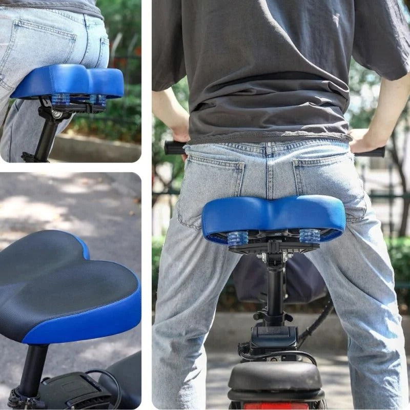 Comfort-focused bike seat with wide design and advanced shock absorption, ideal for everyday cycling.