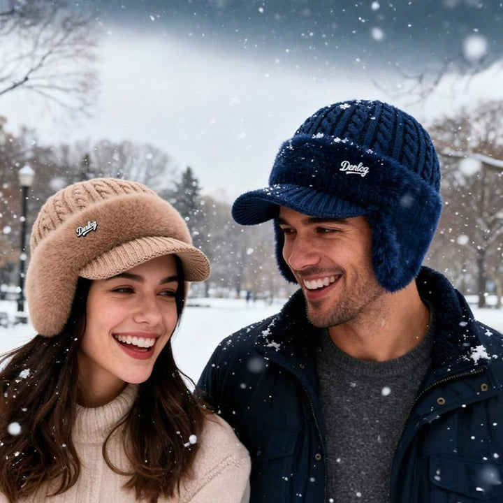 Unisex winter trapper hat with ear flaps, knit design for cold weather warmth & protection.