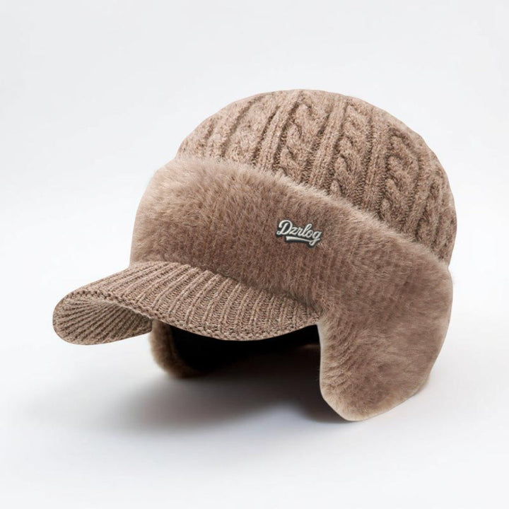 Casual style winter knit cap, unisex trapper hat with ear flaps for cold weather warmth.
