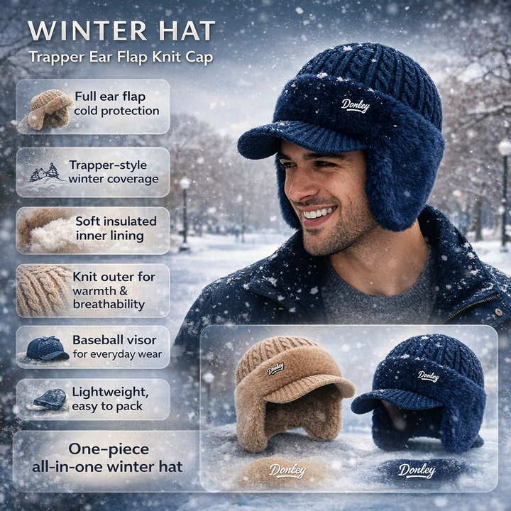 Unisex winter ear flap knit cap, trapper style for superior warmth in cold outdoor weather.