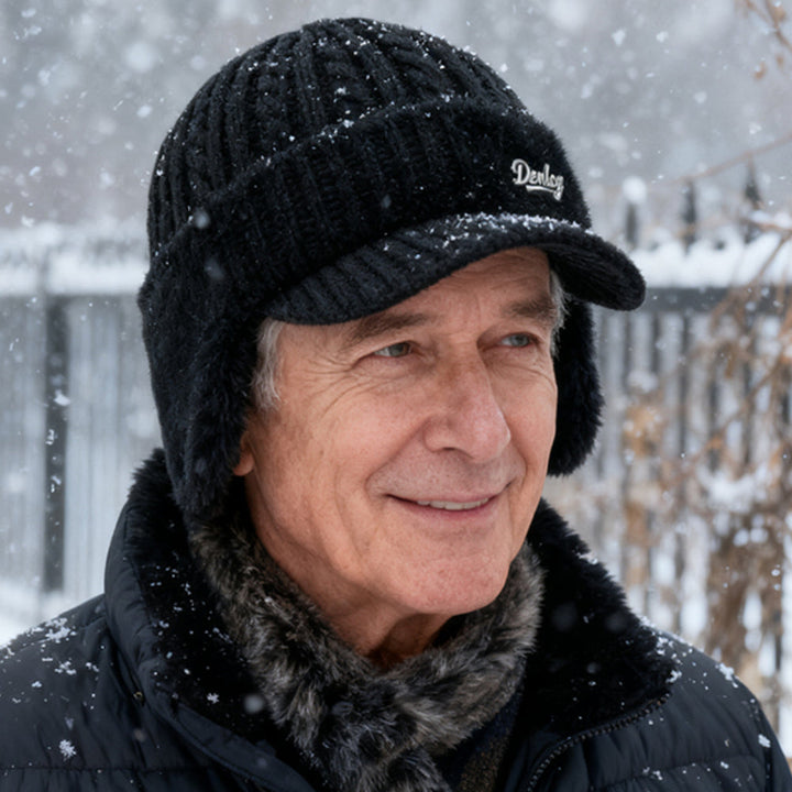 Fleece lined knit trapper hat, unisex design for cold weather protection and comfort.