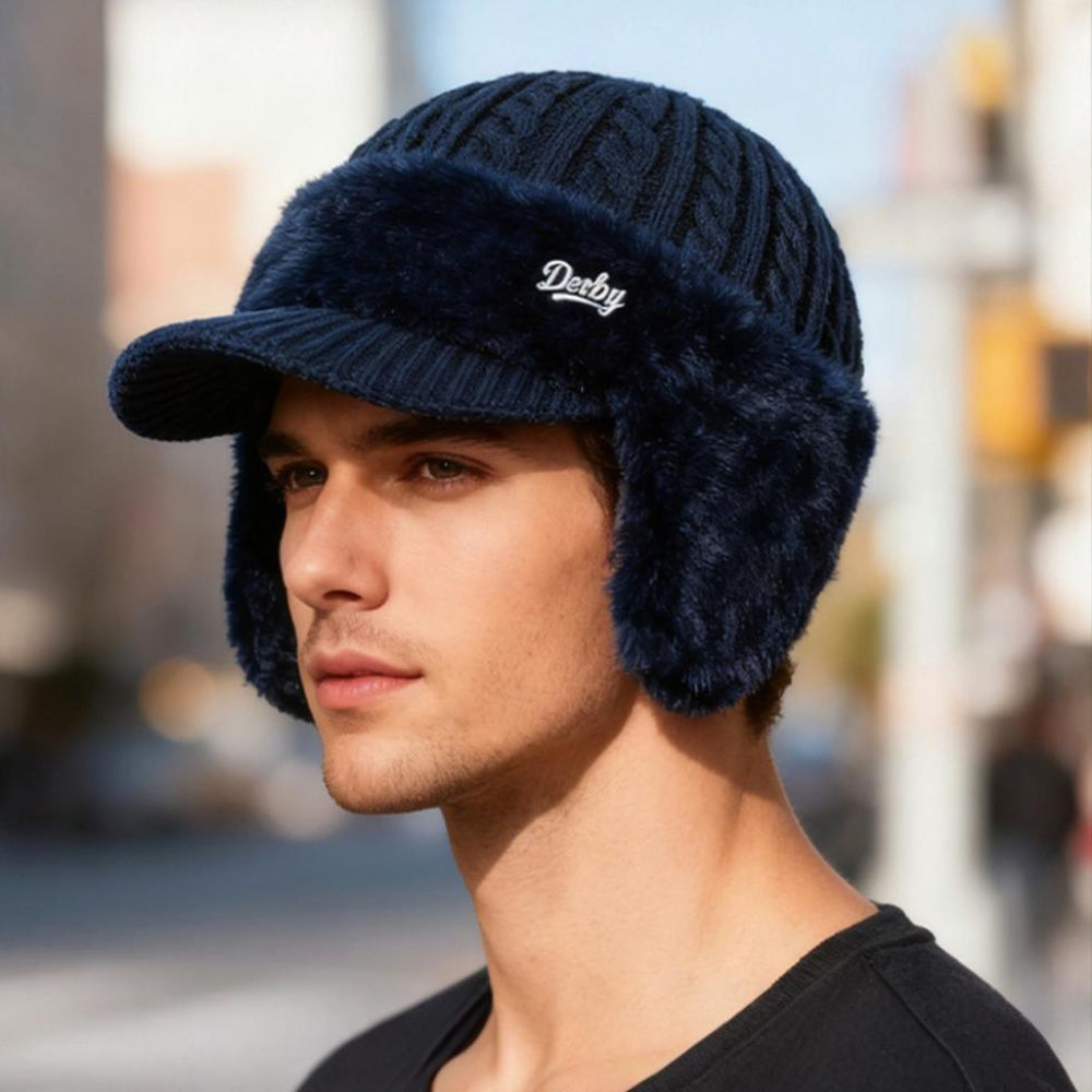 Warm unisex trapper cap, knit with ear flaps, ideal for winter outdoor cold weather activities.