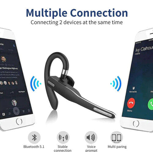 Hands-free wireless business headset, Bluetooth 5.1, dual mic noise cancelling for truckers & professionals.