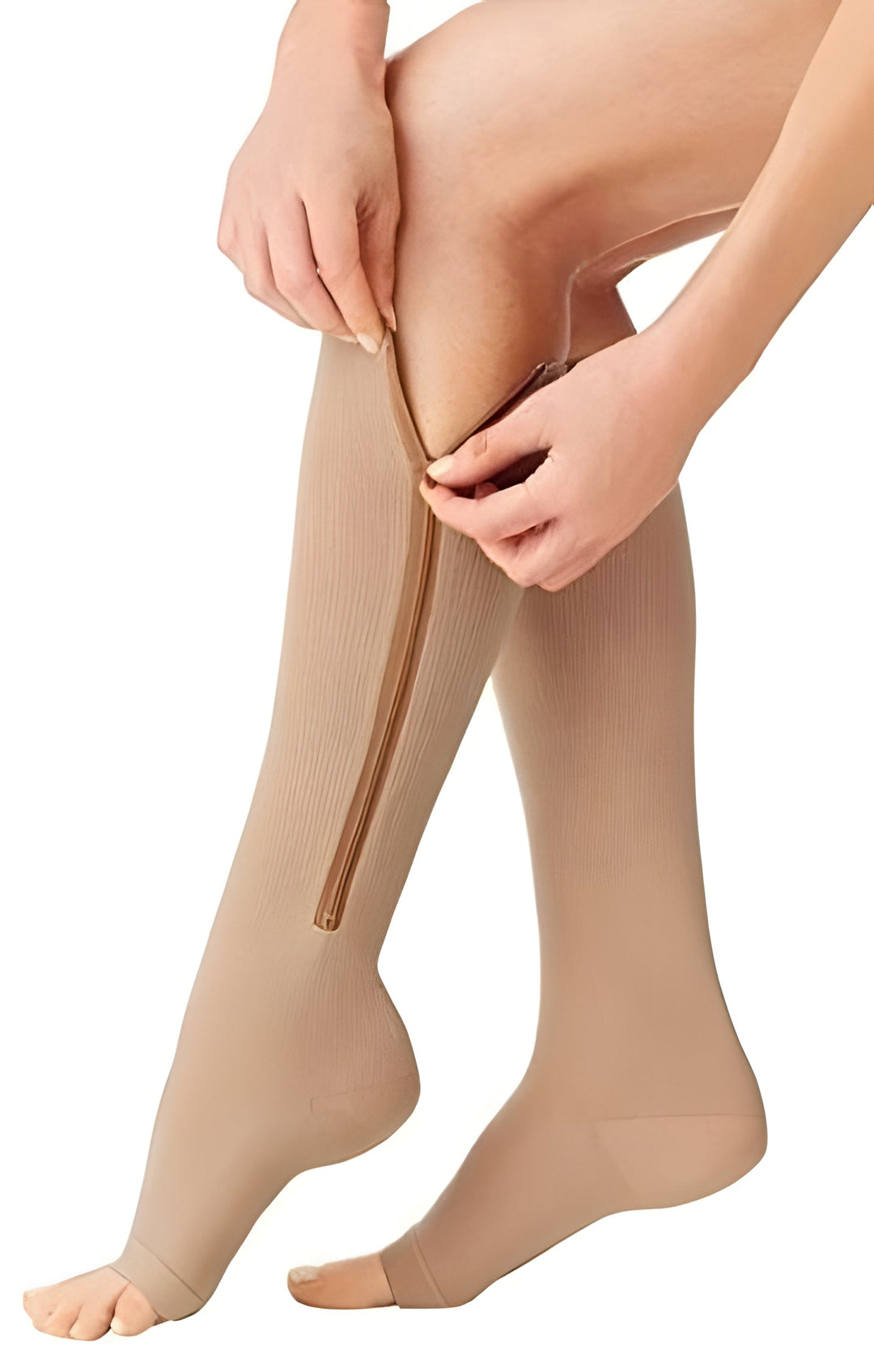 Open-toe unisex zipper compression socks, firm 20-30 mmHg, ideal for travel, daily wear & leg fatigue.