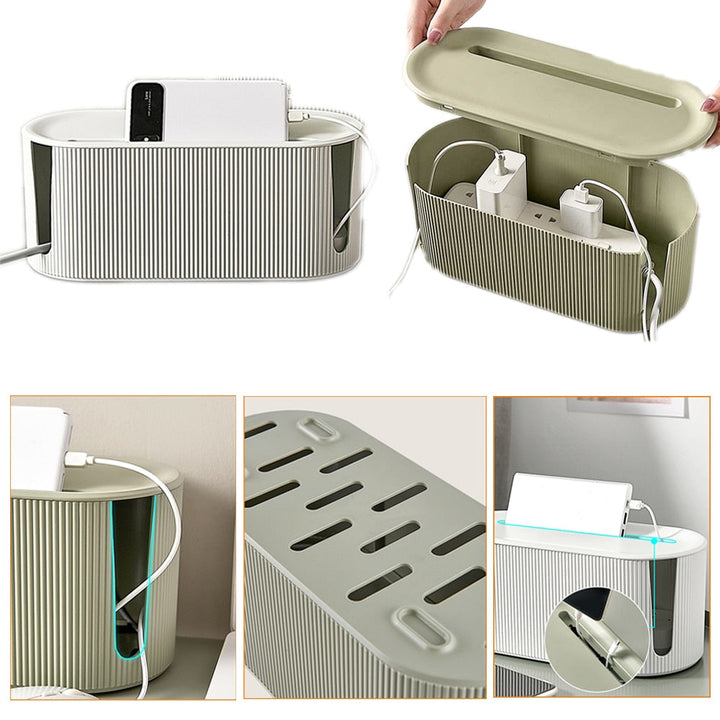 Modern desk cable organizer kit, neatly storing chargers & power cords for a clutter-free workspace.