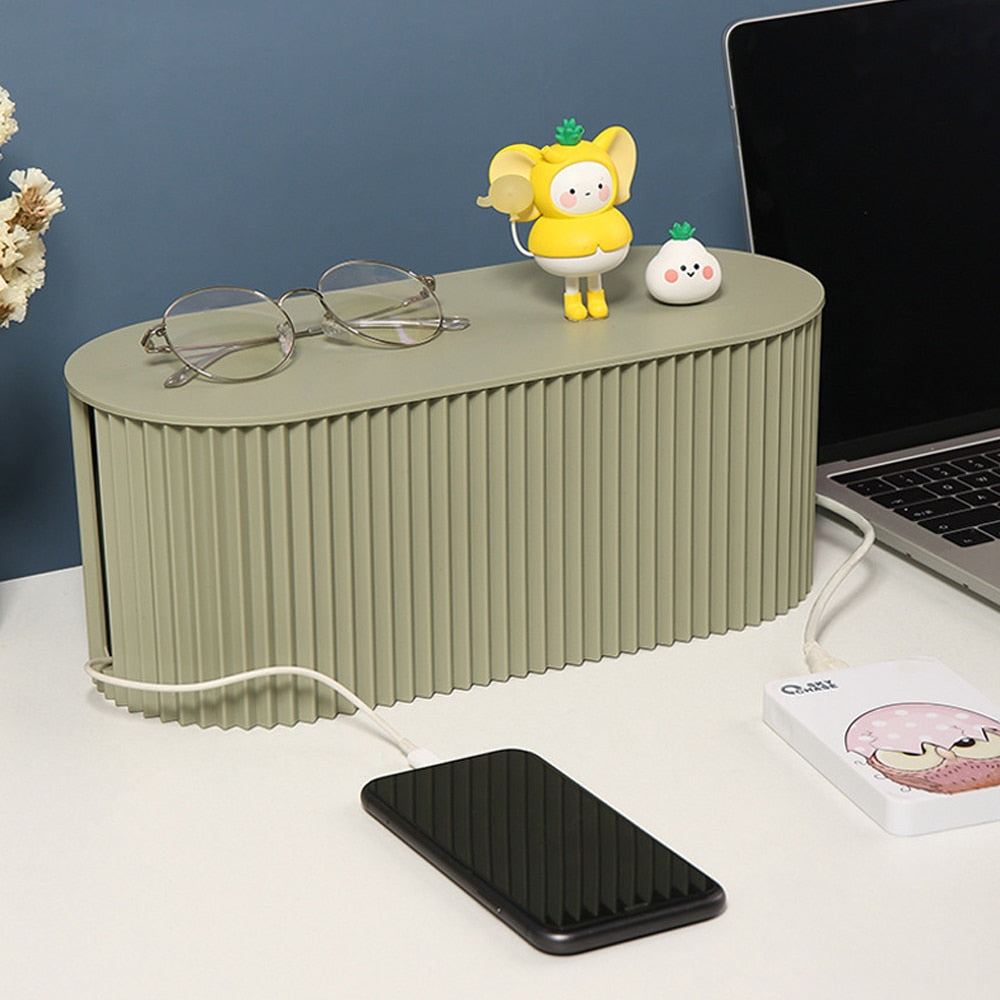 Home office cable management solution: universal organizers for chargers, USBs, and power supply cords.