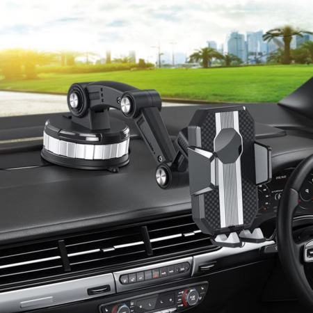 Universal car phone mount with strong suction cup, 360° rotation for smartphone navigation & hands-free driving.