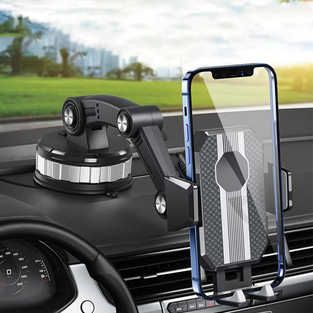 Adjustable car phone holder with powerful suction for secure smartphone grip & optimal viewing during navigation.
