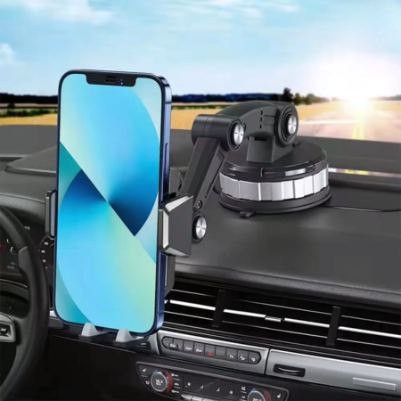 Vehicle phone mount, universal fit, strong suction cup base, 360° adjustable for secure smartphone navigation & calls.
