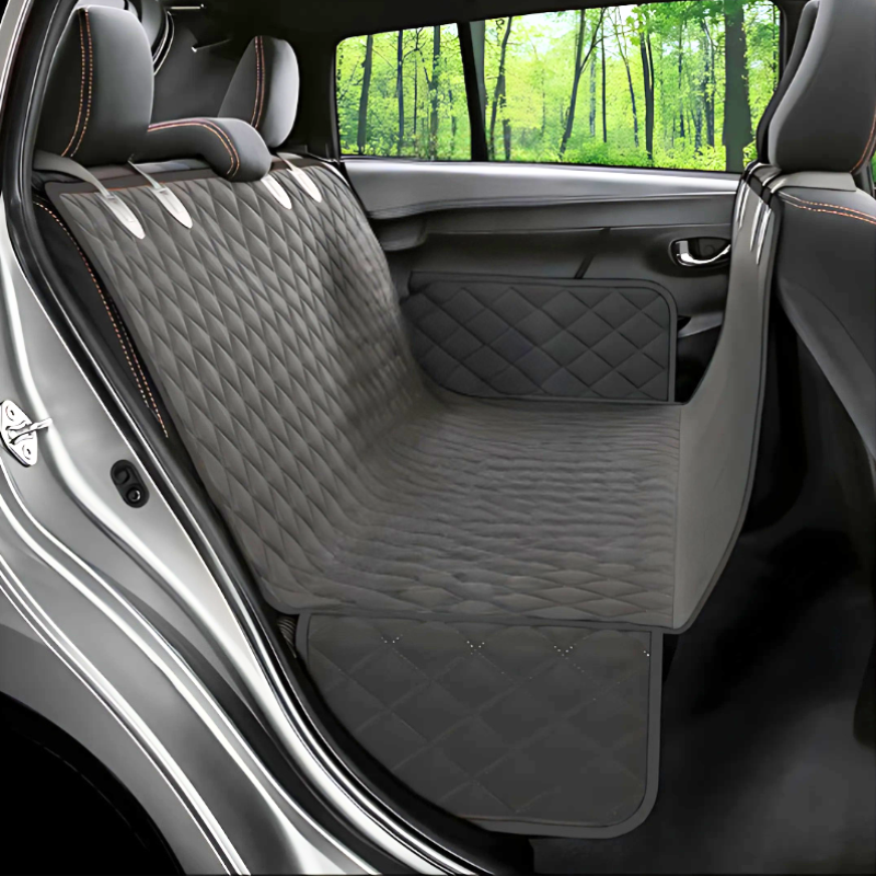"Universal waterproof pet car seat cover with memory foam, plush and durable, fits any car for pet comfort and protection."