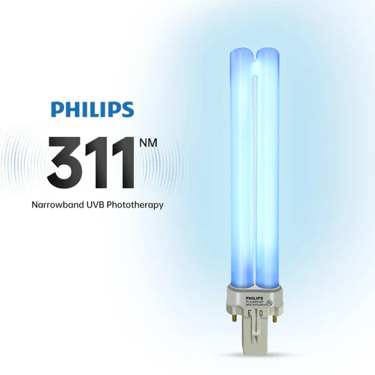 "UVB Light Therapy Lamp for psoriasis, eczema, vitiligo; sleek design with adjustable stand, emits targeted 311nm light wavel