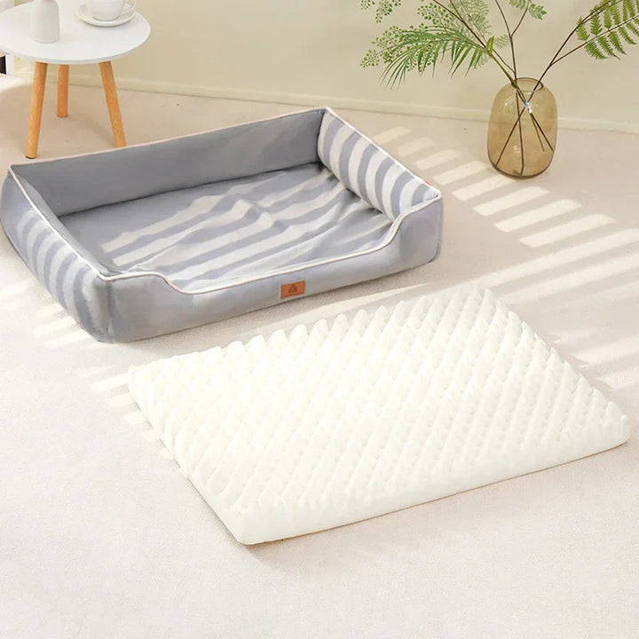 "Velvet-soft pet bed with cushion and bolster, shown in modern living room, offers comfort with Dutch velvet texture."