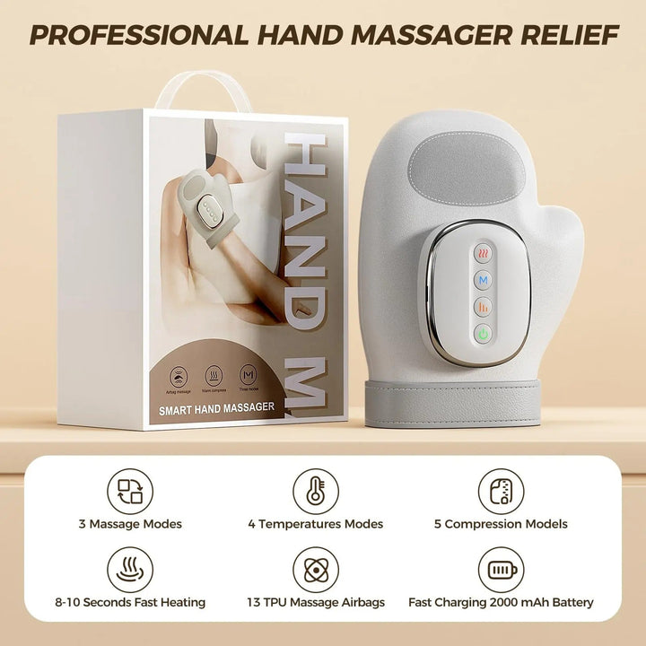 "Versatile hand massager with ergonomic design, 13-airbag compression, and customizable heat therapy for hand relaxation."
