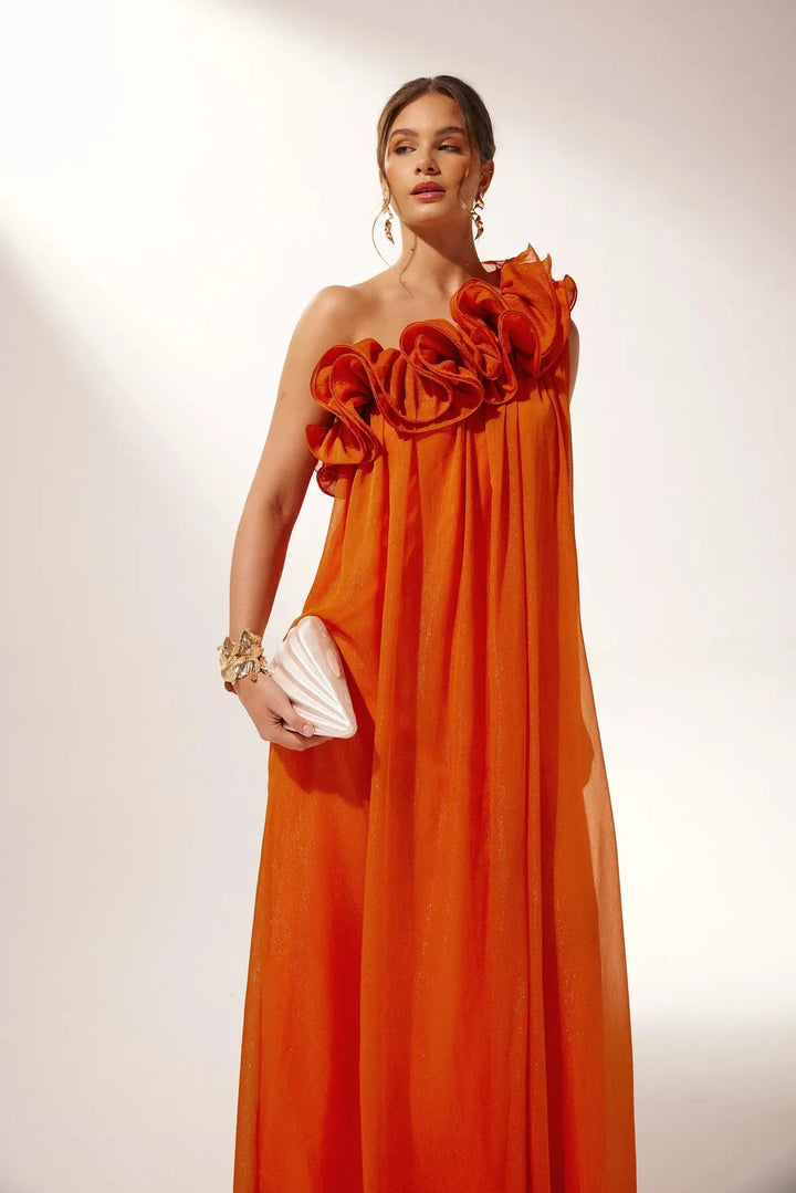 Vibrant orange one-shoulder asymmetric maxi evening gown for women, perfect for formal events & galas.