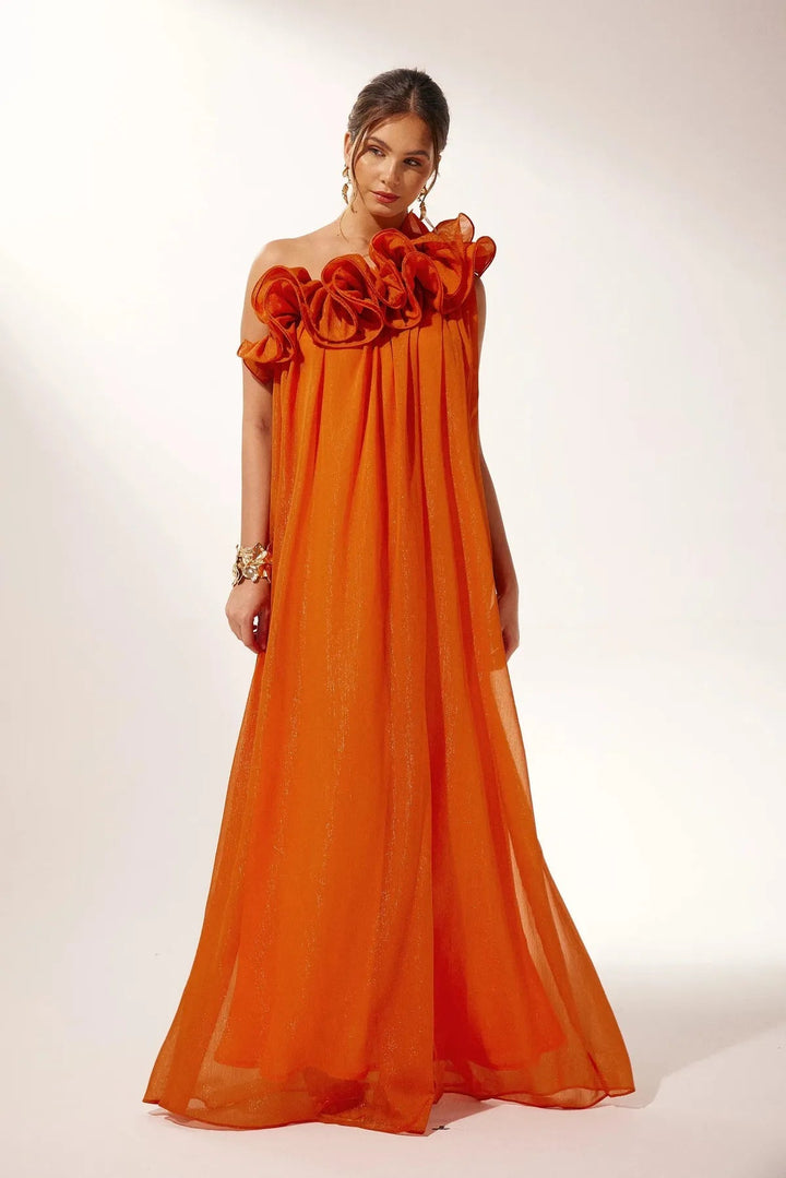 Elegant orange one-shoulder ruffle maxi dress, ideal for wedding guests & special occasion formal wear.