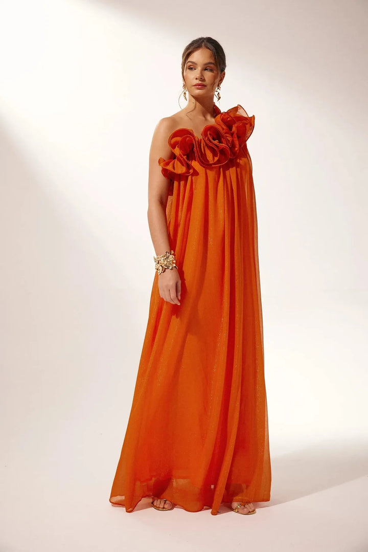 Women's formal orange asymmetric one-shoulder maxi dress with elegant ruffle detail. Perfect for galas.