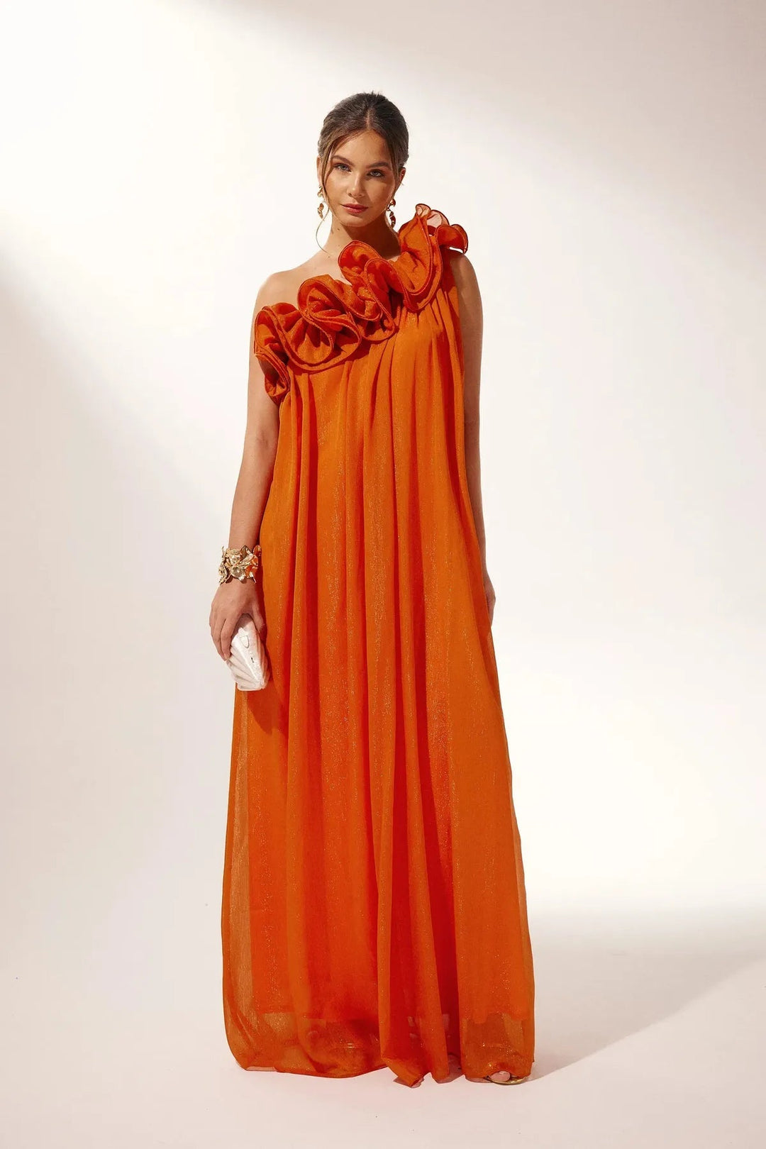 Bold orange one-shoulder formal maxi dress, an elegant asymmetric evening gown for weddings & special events.