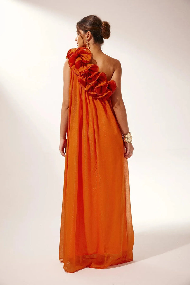 Luxurious orange one-shoulder asymmetric maxi evening gown. Women's formal wear for galas & special occasions.