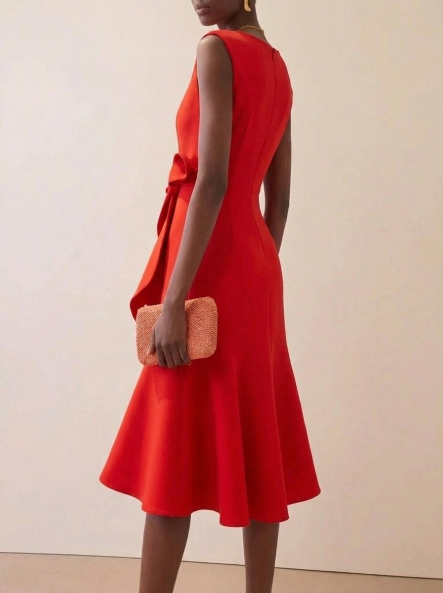 Women's elegant red sleeveless ruffle midi dress. Perfect for cocktail parties, evening events, and summer special occasions.