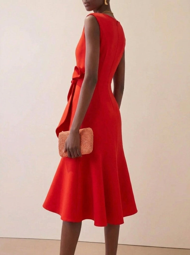 Women's elegant red sleeveless ruffle midi dress. Perfect for cocktail parties, evening events, and summer special occasions.
