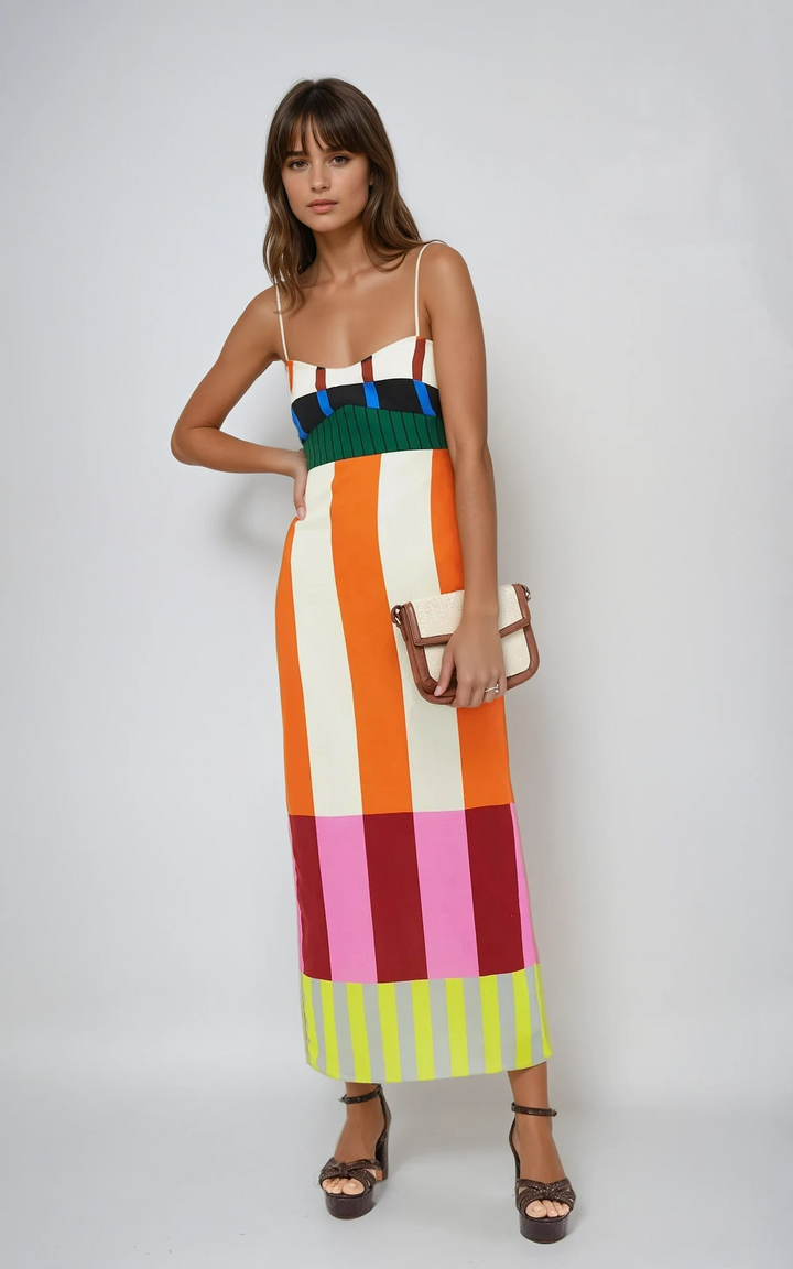 Vibrant striped women's summer maxi dress with empire waist. Perfect for casual beachwear or vacation.