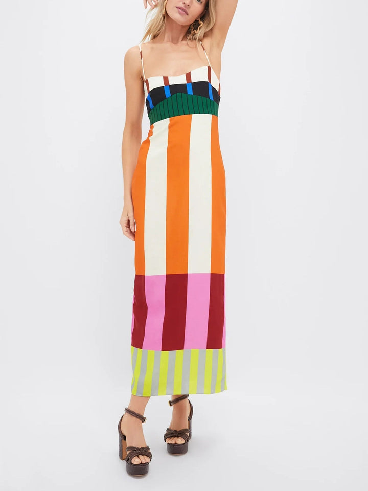 Casual vibrant striped summer maxi dress for women, featuring a comfortable empire waist.