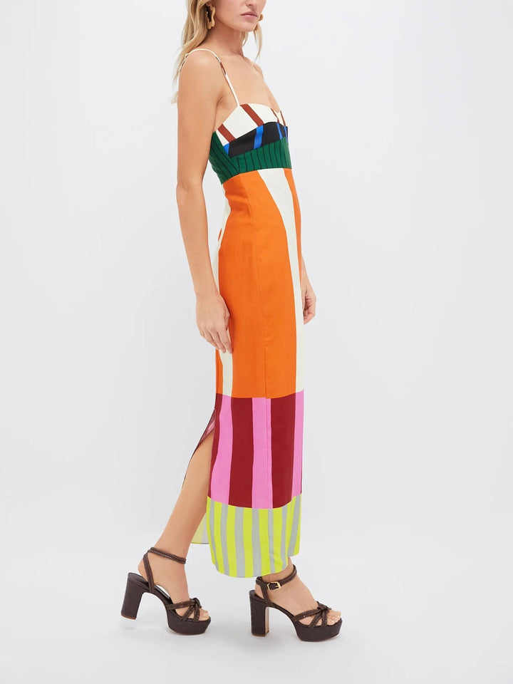 Women's vibrant striped summer maxi dress, flowy and perfect for vacation, beach, or casual wear.