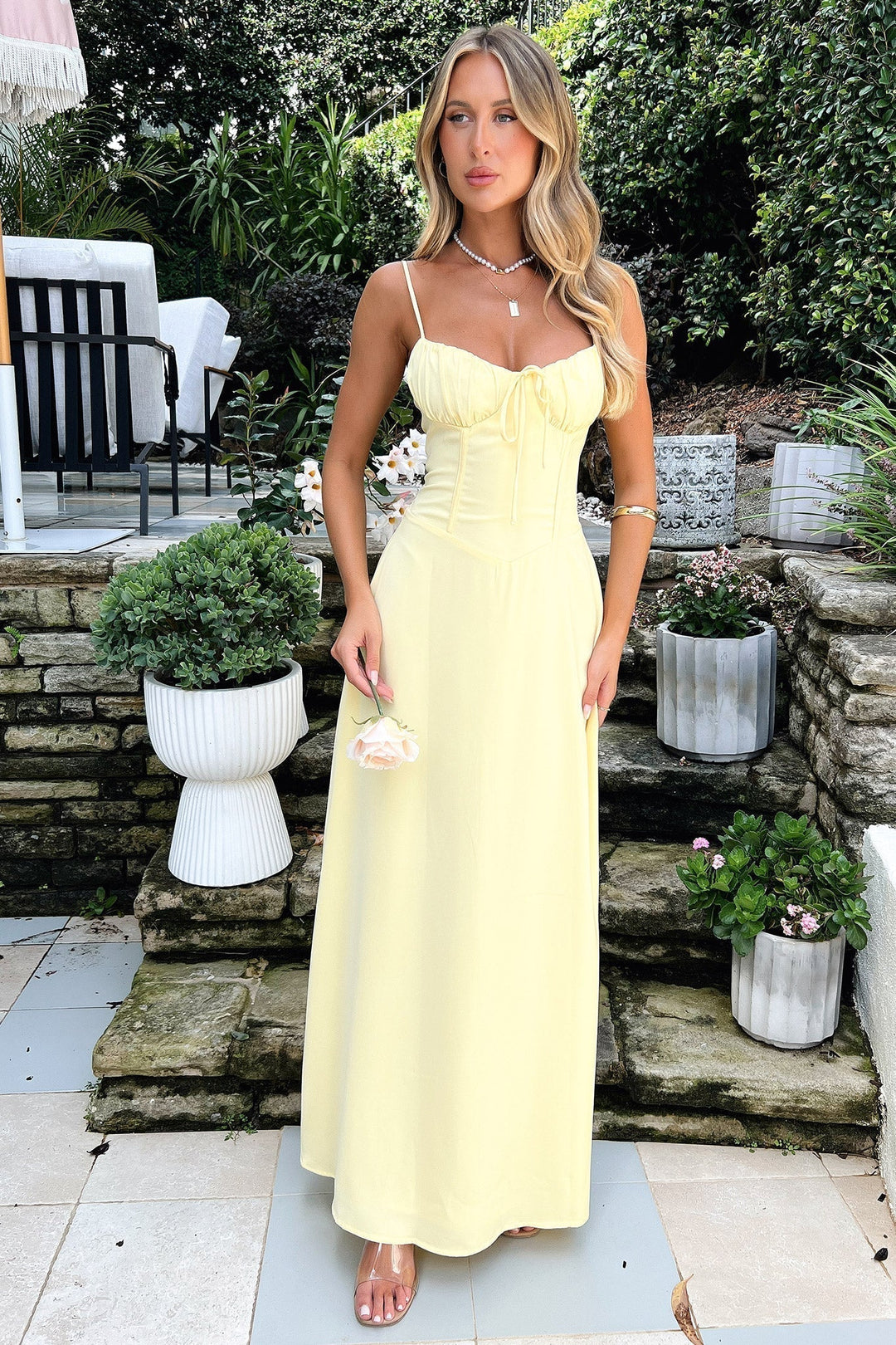 Vibrant yellow maxi dress for women, perfect for summer elegance, flowy and comfortable for holidays.