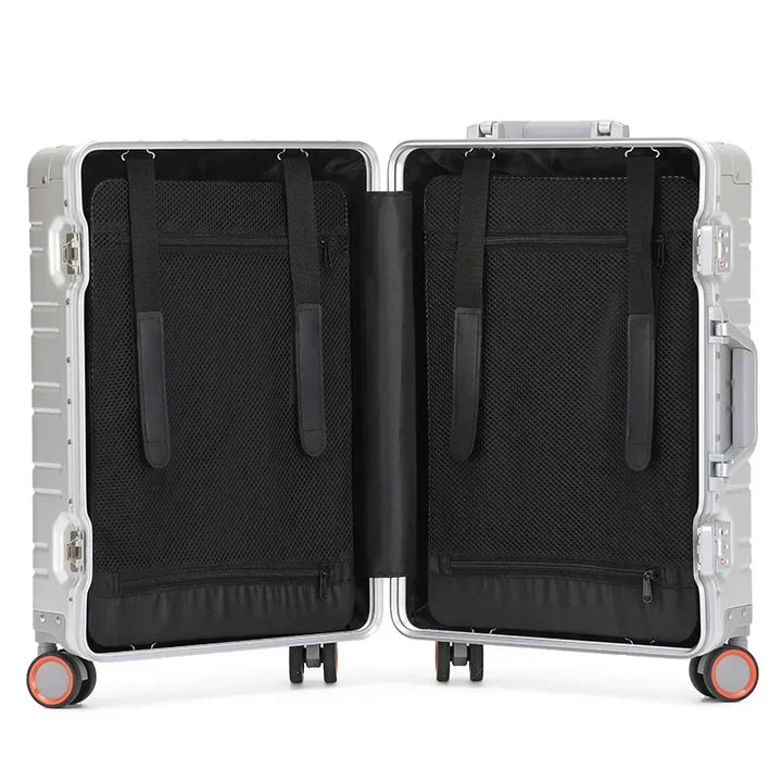 Airline-approved Vienna Voyager cabin luggage, durable aluminum-magnesium hardshell suitcase.